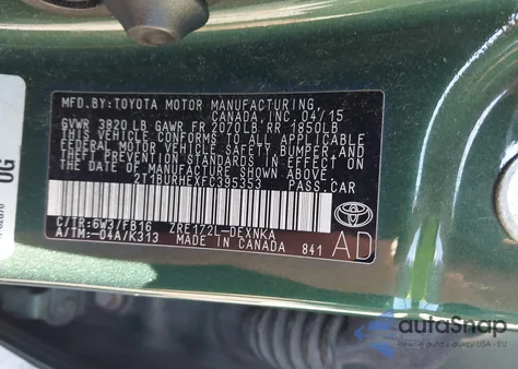 2015 Toyota Corolla Le из США, поврежденный, VIN 2T1BURHEXFC395353